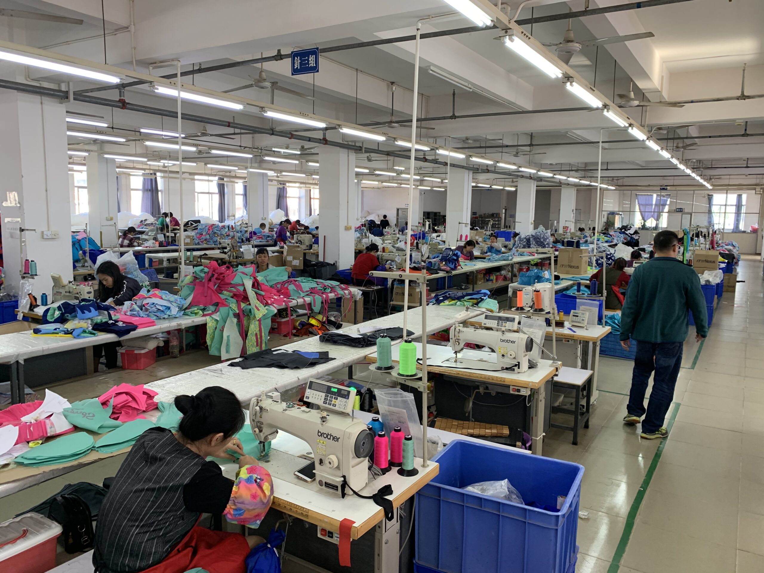 Sewing life jackets on the production floor of a Hydrodynamic factory